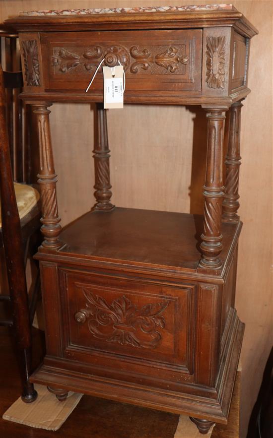A late 19th century French walnut marble top bedside cabinet H.84cm